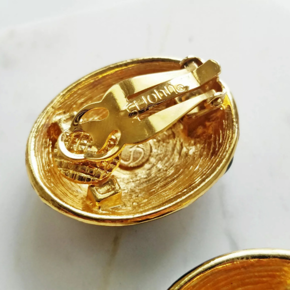 SOLDStJohn Black Enamel RhinestoneGoldClipEarrings - Picture 7 of 8